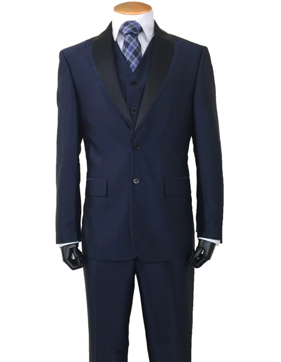 Mens Navy Blue Wedding Tuxedo - Dark Blue Tuxedo Suit" Mens 2 Button Sharkskin Tuxedo with Satin Shawl in Navy