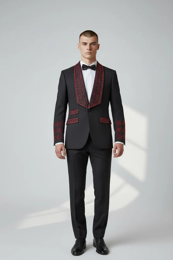 Men's Bella Embellished Black & Royal Blue Tuxedo 3 Piece Formal Suit With Shawl Lapel, Vest Matching Pants 34 Short or Extra Small Men's Bella Embellished Black & Royal Blue Tuxedo 3 Piece Formal Suit With Shawl Lapel, Vest Matching Pants 34 Short or Extra Small