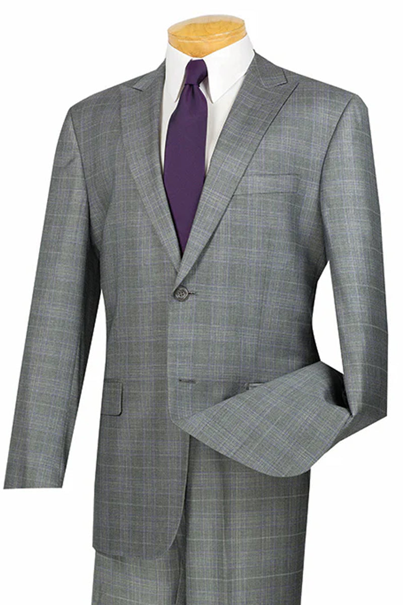 Grey Glen Plaid Men's Modern Fit Business Suit - Summer Collection
