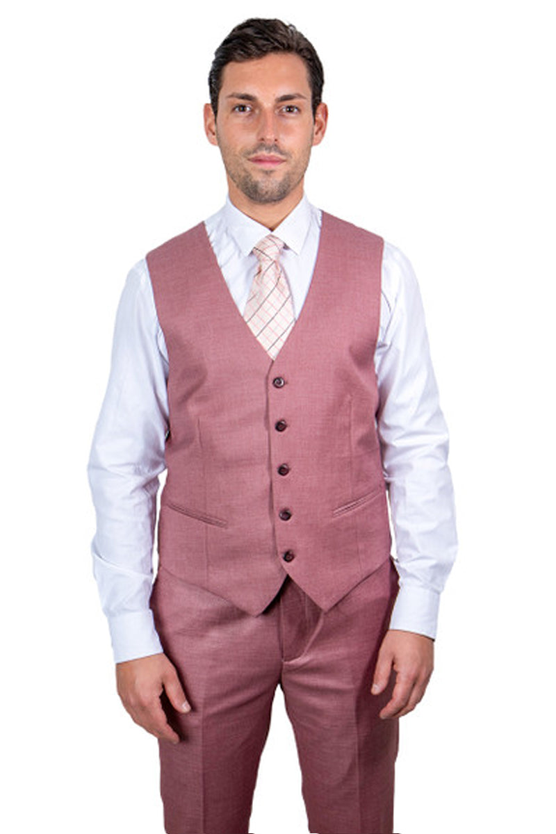 "Mens Stacy Adams Suit -Stacy Adams Suit Men's Sharkskin Suit - One Button Peak Lapel Vested in Salmon Pink" - 34 Regular
