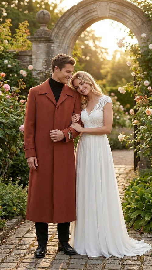 Mens Full-Length Cognac Overcoat Premium Wool-Blend Long Dress Coat for Winter and Formal Wear in Rust Brick Color