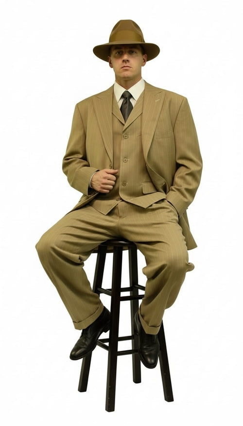 Mens Tan Pinstripe Zoot Suit 1920s Gangster Vintage 3-Piece Suit with Wide-Leg Pants