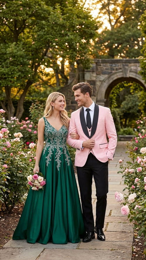 Mens Blush Pink Tuxedo Suit Set with Black Shawl Lapel 3 Piece Formal Wedding and Party Prom Vest + Black Pants