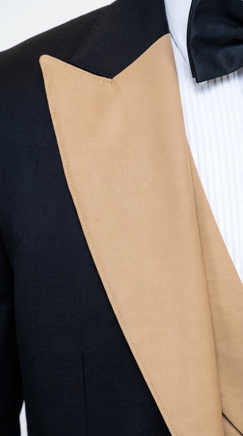 Men's Western Khaki Cowboy Tuxedo Suit – Black & Tan Beige Peak Lapel 3-Piece Vested Formal Cowboy Suit