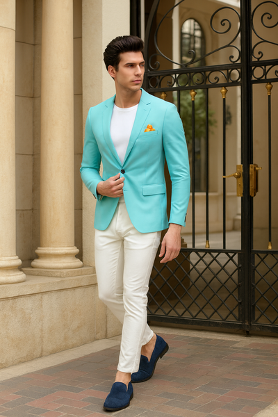 Mens Aqua Blazer Slim Fit One Button Suit Jacket with Stylish Floral Inner Lining - Light Turquoise