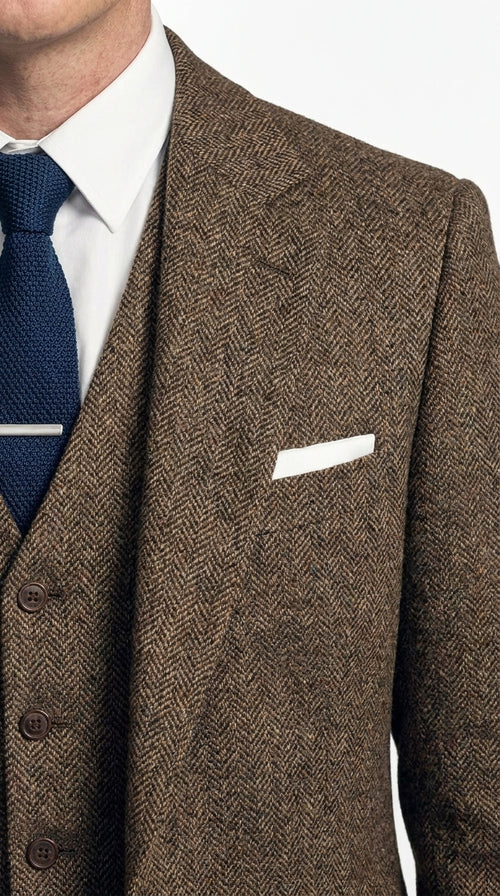 Men's Thomas Shelby Brown Tweed Herringbone 3-Piece Suit – Peaky Blinders 1920s Vintage-Style Suit with Matching Vest & Trousers