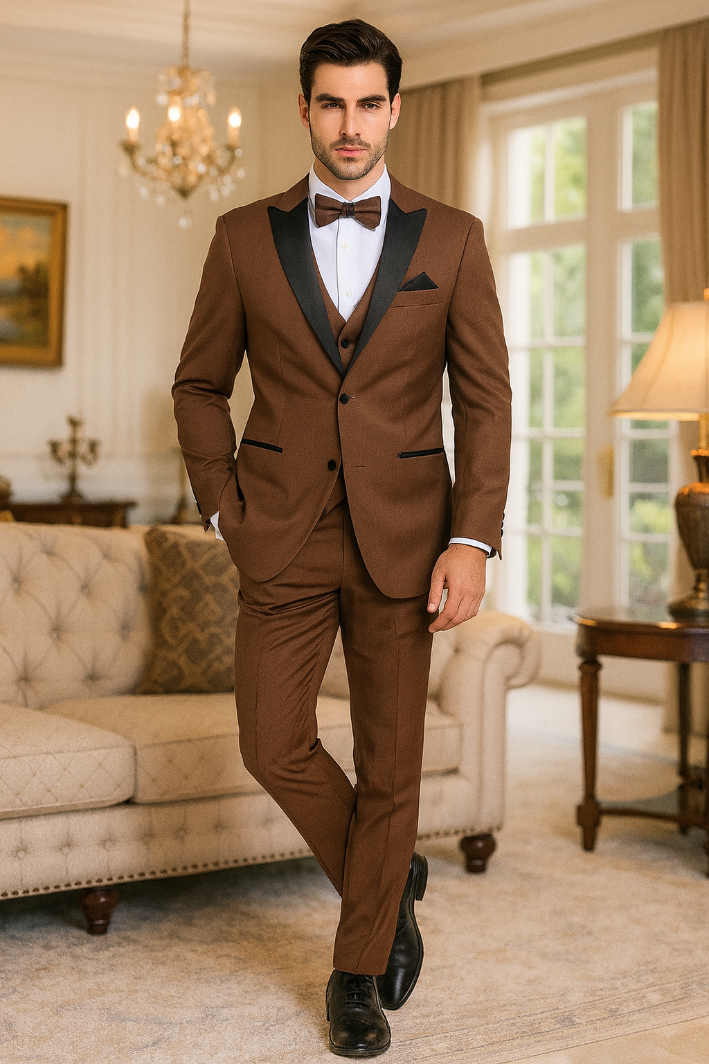 Men’s Light Brown Tuxedo Suit with Black Satin Lapel – 3 Piece Formal Wedding & Prom Outfit - Country Look - 34 Short or Extra Small