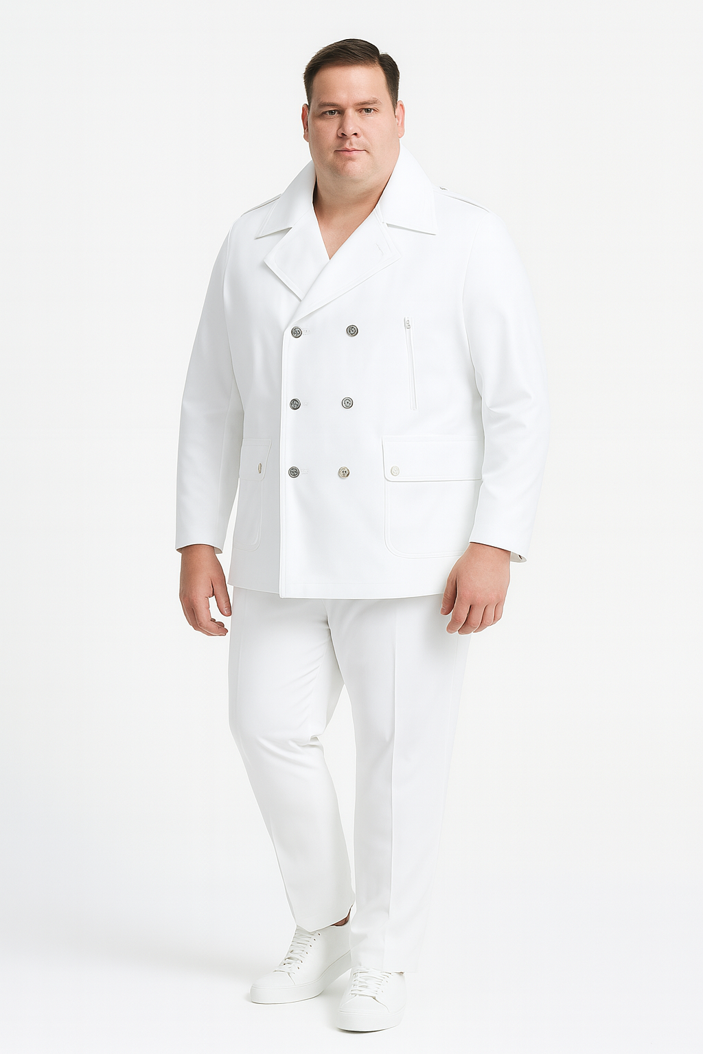 Men’s White Double-Breasted Peacoat Jacket – Classic Stylish Outerwear Wool Fabric Slim Fitted - S