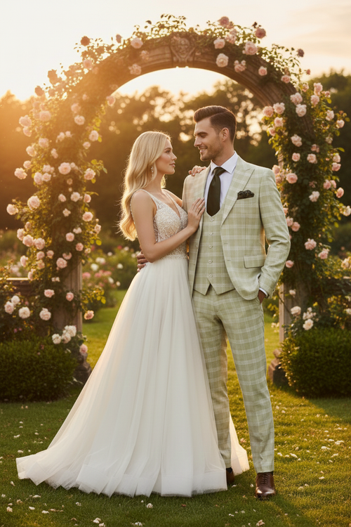Mens Light Beige Check 3-Piece Suit Set Premium Tailored Fit Formal Wedding and Spring Event Suit Light Tan Sand Color By Rossiman
