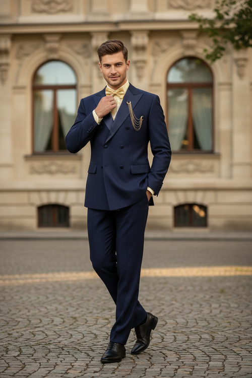 Mens Navy Blue Double-Breasted Tuxedo with navy Satin Peak Lapel Wedding Suit