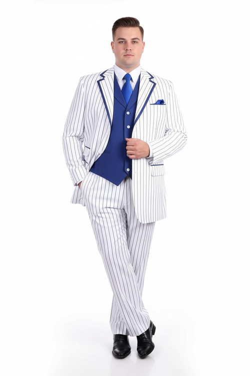 Mens White and Royal Blue Pinstripe 3-Piece Suit Classic Fit Blazer with Vest, Pants, and Tie