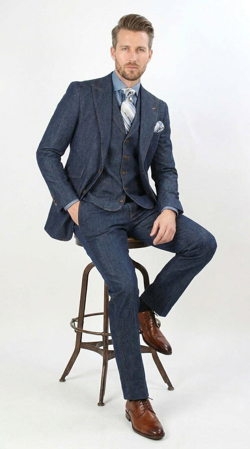 Men’s Pleated Pants Dark Blue Denim 3 Piece Suit – 100% Cotton Formal Suit Set, Blazer Vest Pants Outfit Classic Fit Athletic Fit Lose Fit