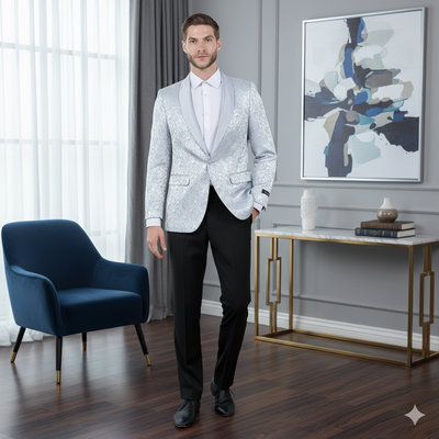 Big and Tall Mens Silver Gray Paisley Tuxedo Jacket Satin Shawl Lapel Blazer for Weddings, Proms, and Formal Events