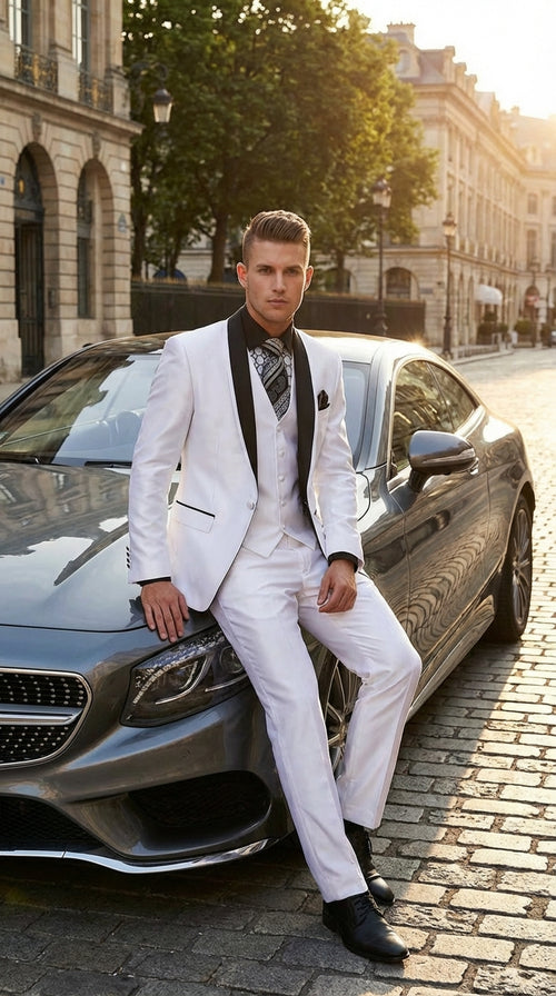 Mens White Shiny Flashy Fabric Tuxedo Suit with Black Shawl Lapel | Luxury Formal Wedding and Evening Suit Sharkskin Metallic Fabric