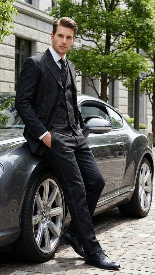 Men's Black Denim Fabric Suit Classic Three Piece Denim Suit for Wedding, Prom and Church Wear