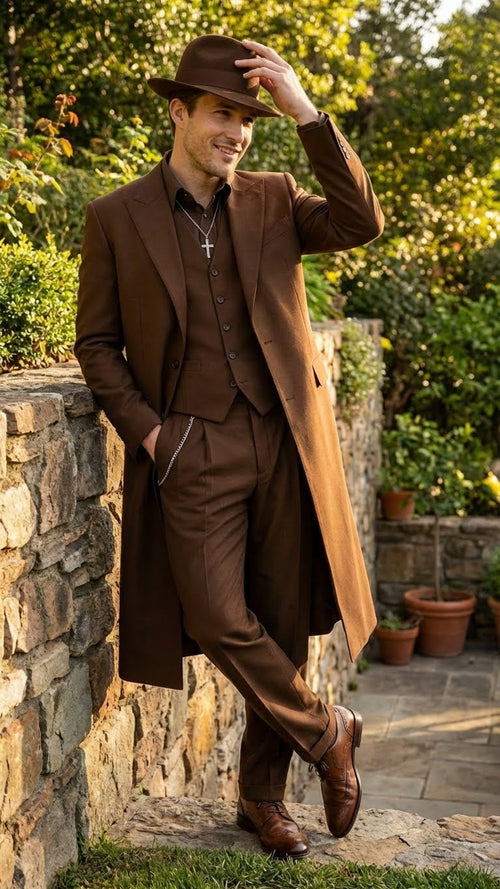 Mens Brown 1920s Zoot Suit Long Gangster Mafia Suit Vintage Three-Piece Costume Set Pachuco Style