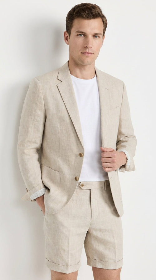 Men’s Tan Linen Suit with Shorts, 2 Piece Summer Short Suit, Casual Beach Wedding Outfit