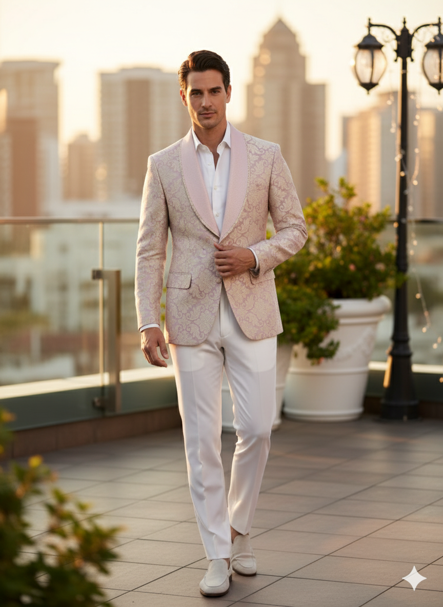 Men’s Lavender and Gold Tuxedo Embroidered Lilac Mauve Blazer – Designer Floral Pattern Wedding & Party Jacket - 36 Short