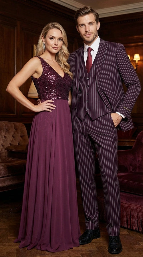 Mens Plum Eggplant Pinstripe 3 Piece Suit Burgundy Purple Formal Suit Gangster 1920s Mafia Pimp Suit