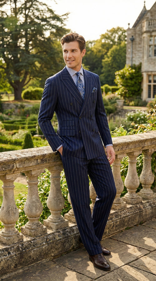 Men's Navy Blue Double Breasted Pinstripe Suit Modern Fit By rossiman