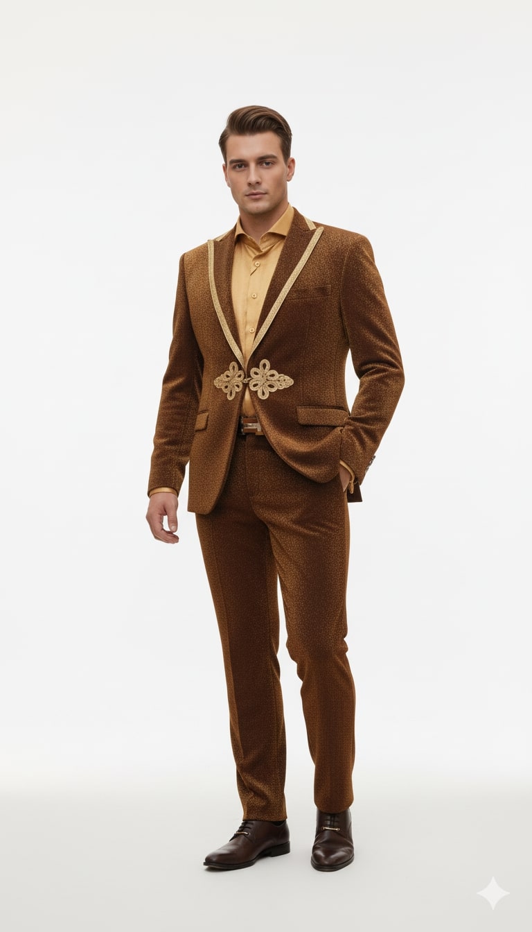 Mens Bronze Shiny Velvet Suit – Designer Party and Wedding Wear Blazer and Pant Set Brown and Gold Tuxedo - S