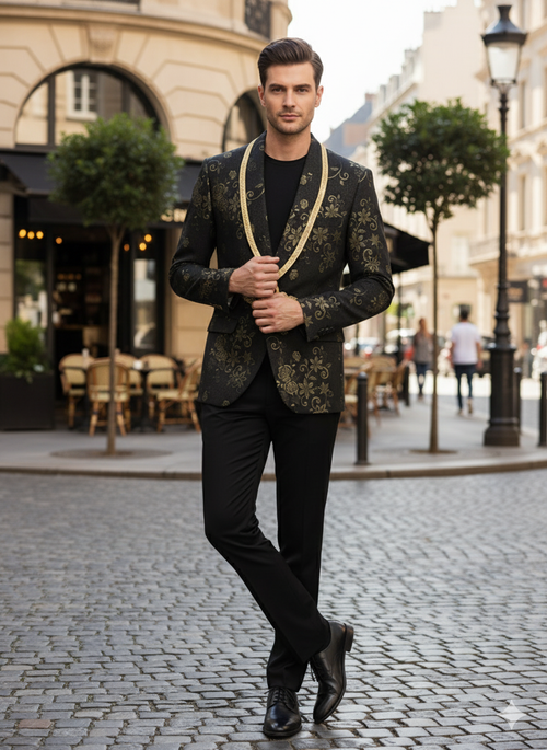 Mens Black and Gold Embroidered Luxury Blazer Designer Floral Pattern Wedding & Party Jacket (Sim534)