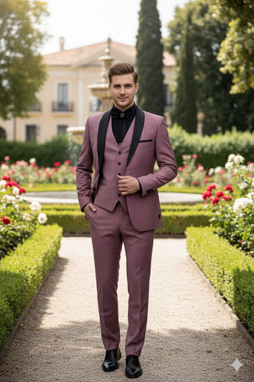 Men's Rose Pink Tuxedo Suit Luxury Three-Piece Formal Wear with Black Satin Lapel Dusty Mauve Color