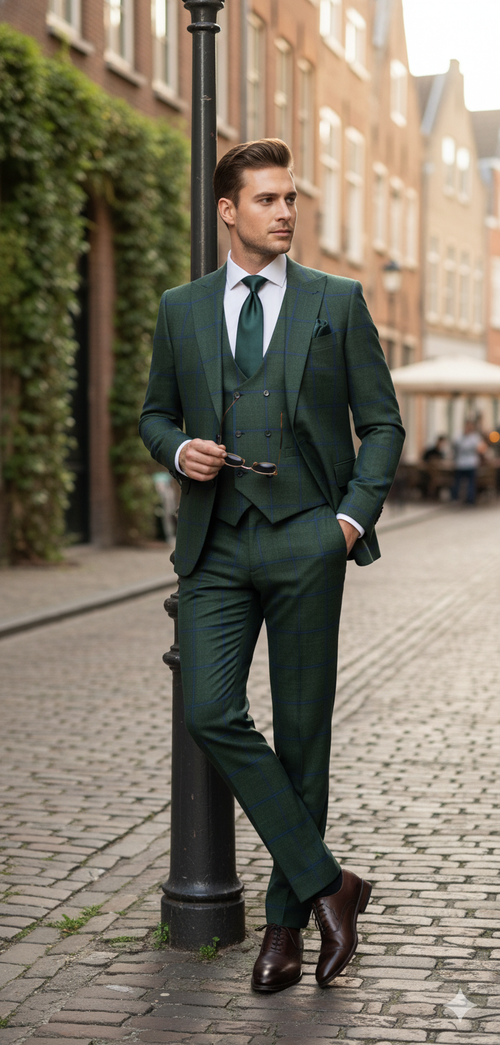 Mens Green Plaid 3-Piece Suit Classic Check Slim Fit Suit for Weddings, Church, and Formal By Rossiman