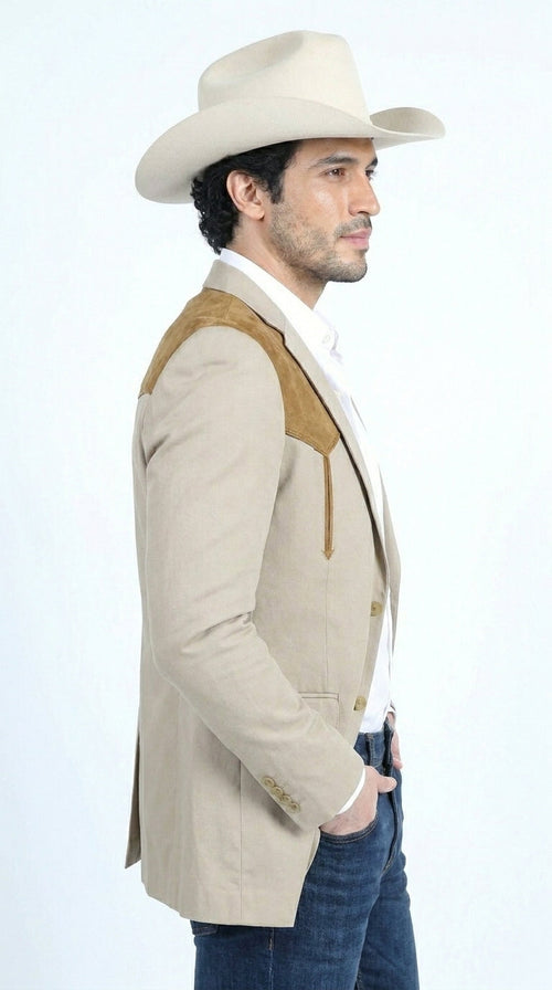 Men’s Khaki Western Blazer with Suede Yokes, Cowboy Sport Coat , Ranch and Country Events in Tan Khaki Color By Platini
