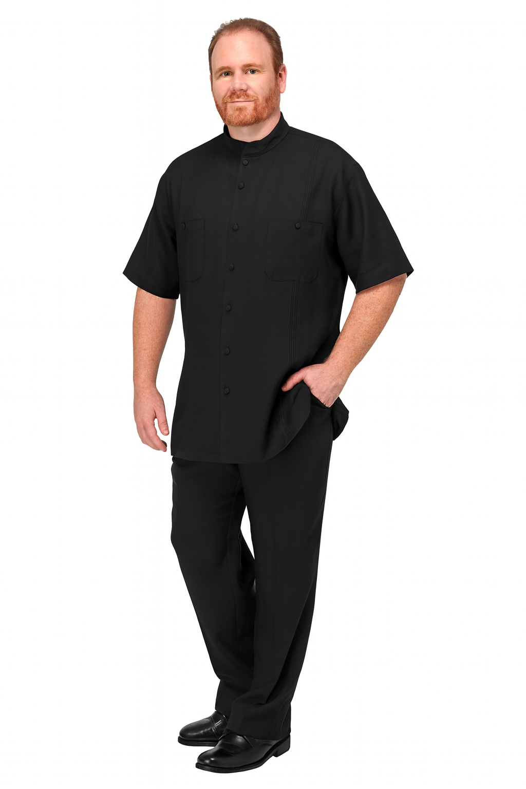 Men’s Black Banded Collar Walking Suit – Short Sleeve Shirt and Matching Pants Banded Collar Linen Fabric - S