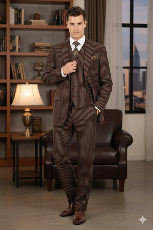 Mens Brown Pinstripe 3-Piece Suits Classic Business and Formal Wear with Vest