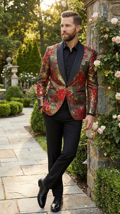 Mens Red and Gold Floral Pattern Paisley Shawl Lapel | Luxury Evening and Party Wear Jacket Prom Christmas New Year Blazer