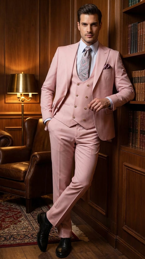 Mens Blush Pink and Gold Three-Piece Suit Tailored Fit Formal Wedding, Vested Suit By Rossiman