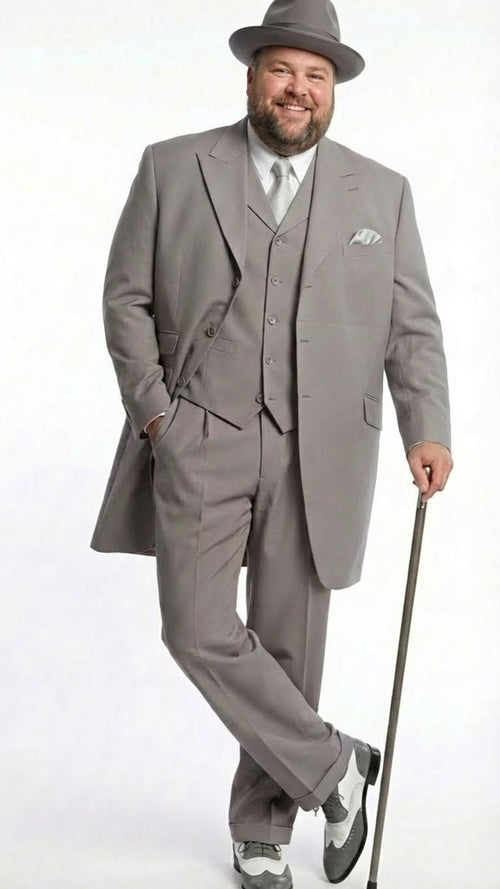Mens Gray Zoot Suit with Matching Hat and 1920s Shoes | Grey Vintage Wedding and Party Three Piece Suit