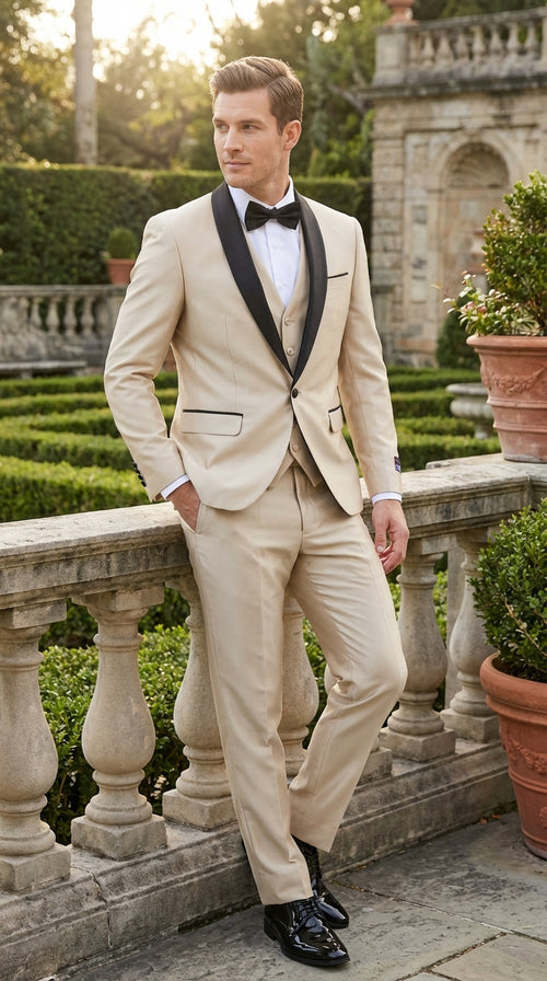 Mens Champagne Beige Shiny Tuxedo 3 Piece Suit with Black Shawl Lapel | Formal Wedding Prom Suit Set in Sand Light Tan Color