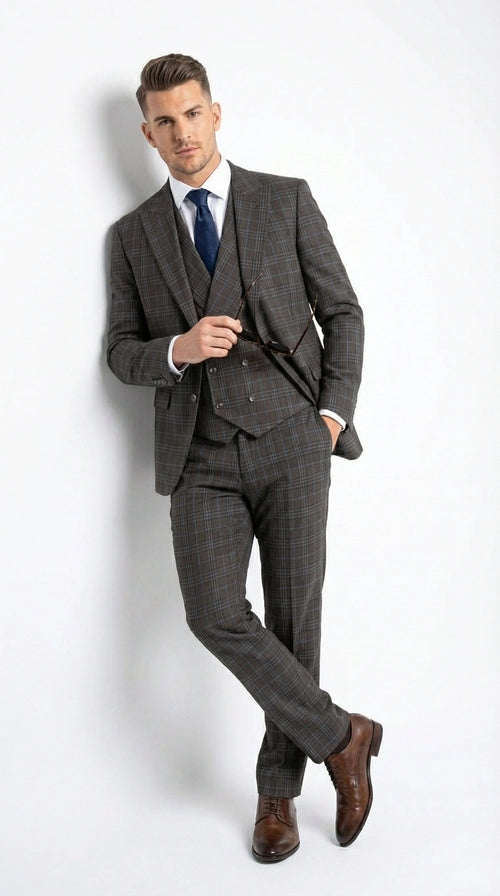 Vitali Men’s Brown Grey with blue Check 3 Piece Suit – Classic Plaid Formal Suit Set with Blazer, Vest & Trousers, Business Wedding Party Wear for Men Modern Fit