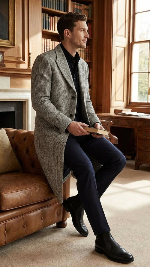 Mens Grey Herringbone Long Overcoat Tweed Black and White Pattern Wool Topcoat Three Qaurter