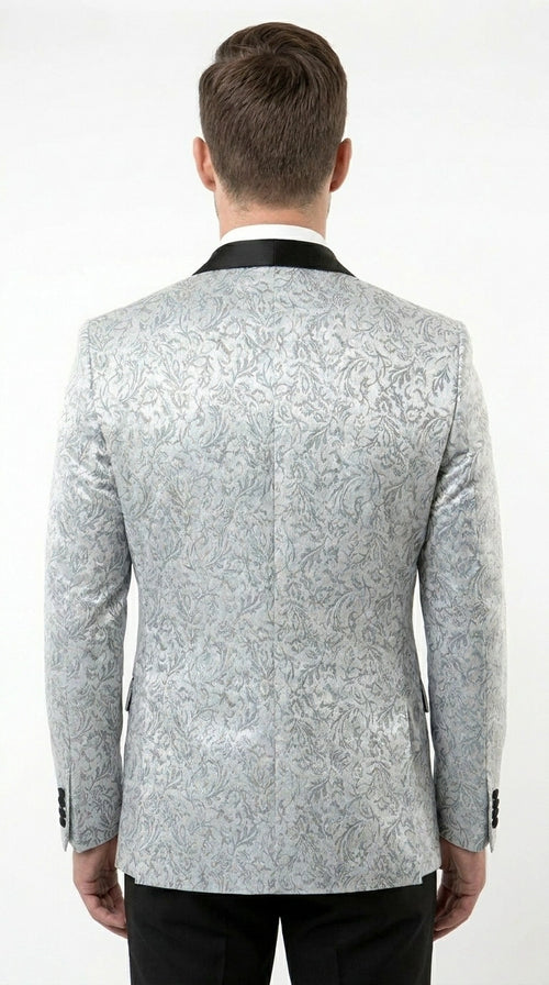 Men’s Silver and Black Floral Blazer – Elegant Formal Tuxedo Style Blazer Jacket for Wedding, Party, Prom and Evening Wear