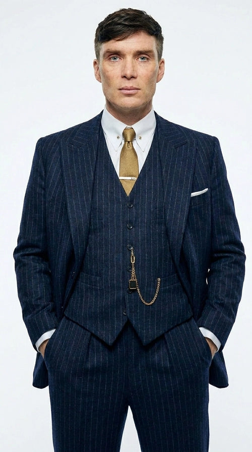 Men’s Navy Blue Pinstripe 3 Piece Suit, Thomas Shelby Inspired Vintage Formal Suit for Weddings, Parties, Prom, and Special Events
