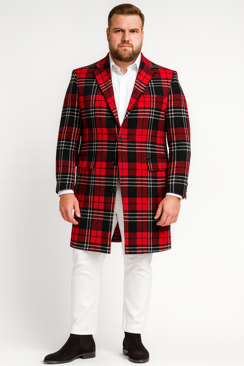 Mens Red Plaid Wool Overcoat Classic Tartan Check Long Coat for Stylish Winter Wear