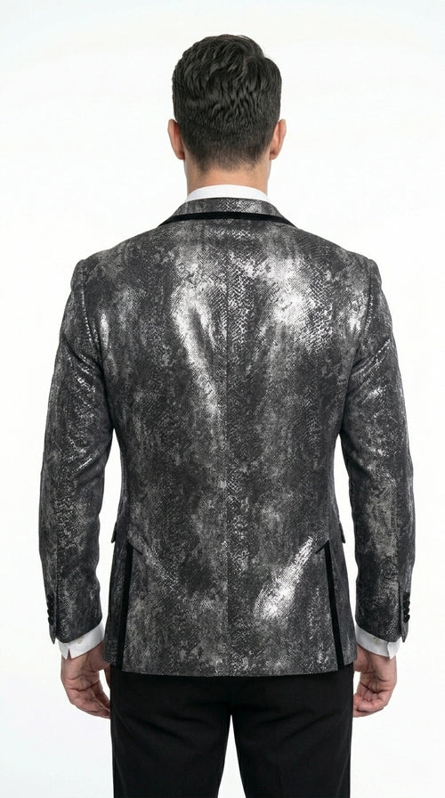 Men’s Black and Charcoal Gray Snakeskin Print Blazer, Animial Exotic Skin Alligator Crocodile Texture