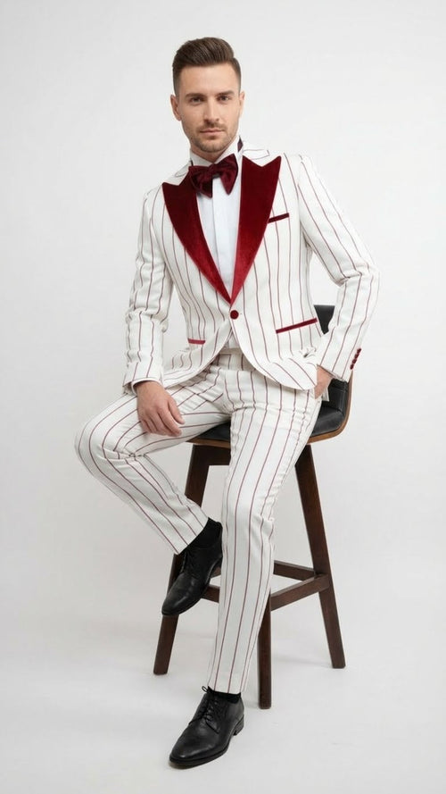 Mens White and Dark Red Pinstripe Tuxedo with Velvet Shawl Lapel Formal Dinner Blazer Prom Christmas New Year Holiday Suit