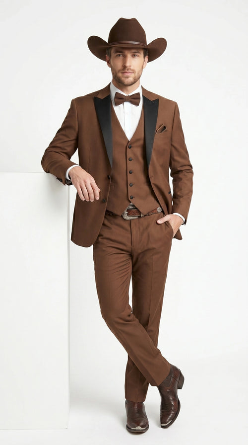 Men’s Light Brown Western Tuxedo 3 Piece Suit with Black Collar Lapel, Country Look Cowboy Suit