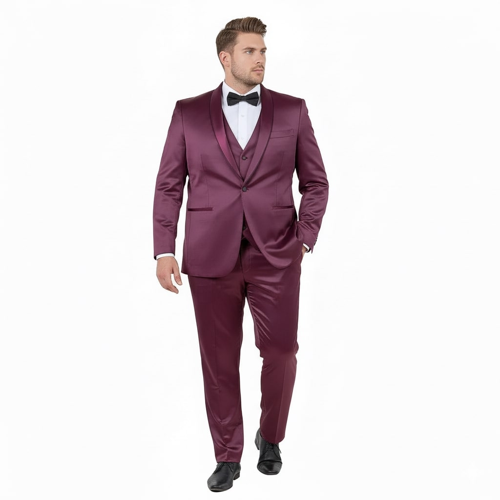 Mens Sateen Shiny Burgundy Slim Fit Tuxedo – Satin Shawl Lapel 3-Piece Suit - 34 Short or Extra Small