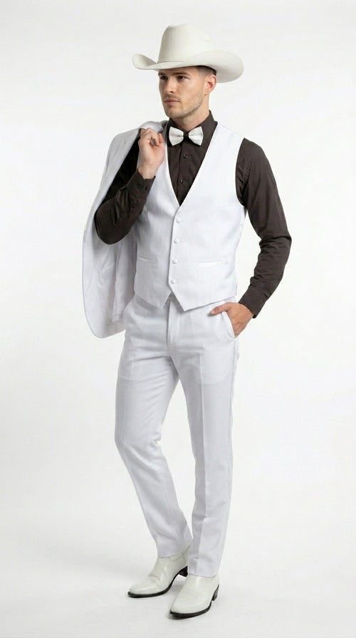Men’s White Western Cowboy 3 Piece Tuxedo Suit, Formal Wedding Prom Groom Suit Set