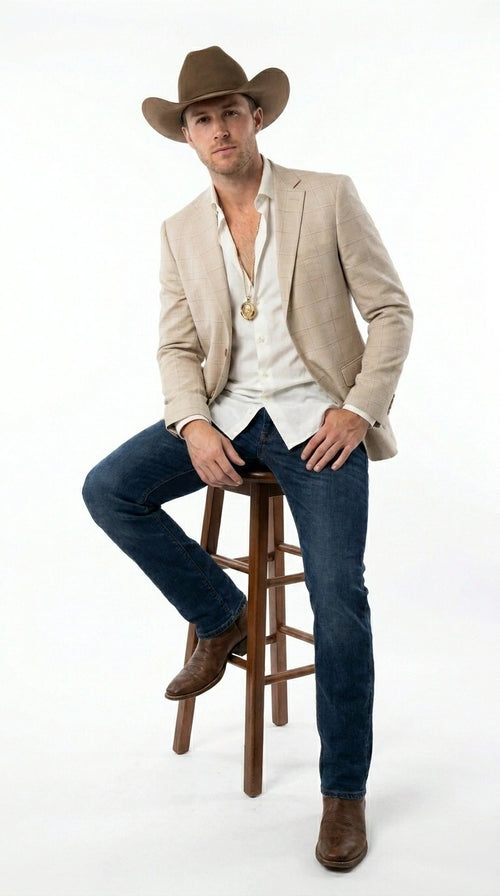 Men’s Cream Tan Beige Windowpane Plaid Western Blazer, Formal Cowboy Wedding Prom Sport Coat Jacket