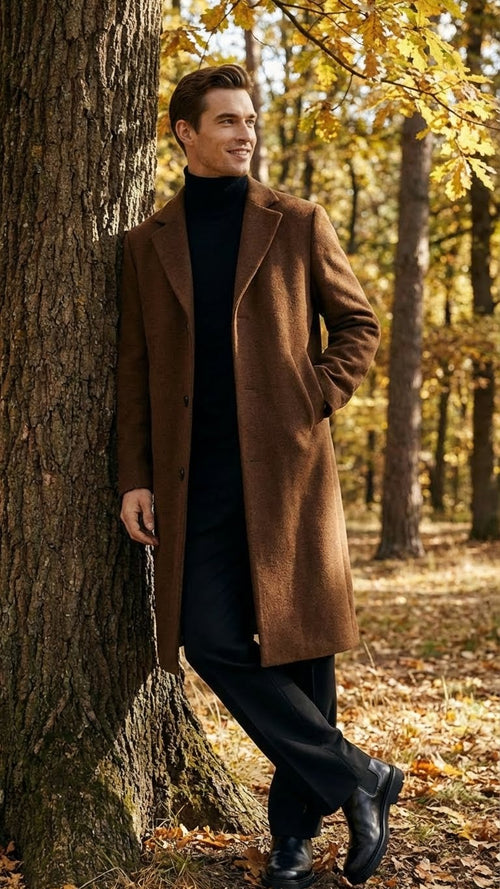 Mens Brown Long Wool Overcoat Topcoat Wool Carcoat Three Quarter