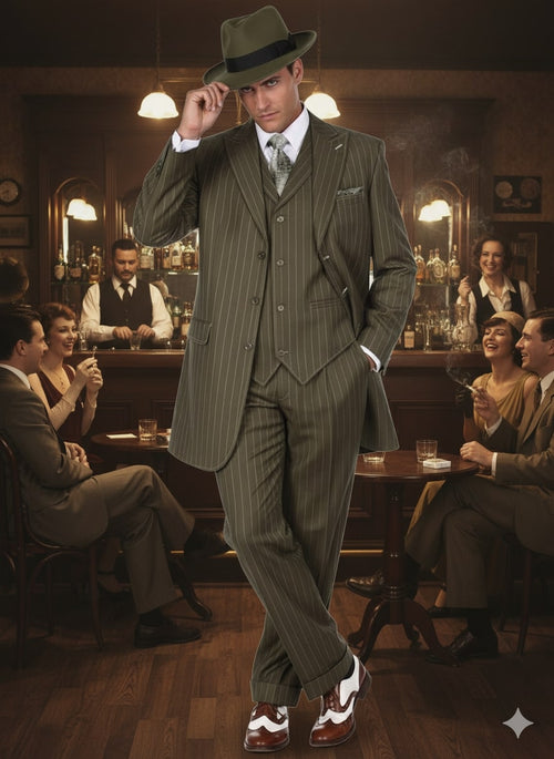 Mens Olive Green Pinstripe Zoot Suit 1920s Gangster Vintage 3-Piece Suit for Formal and Themed Events