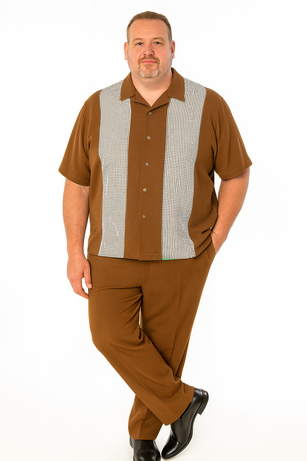 Men’s Cognac Tan Two-Piece Outfit – Short Sleeve Button-Up Shirt and Pants Set - S