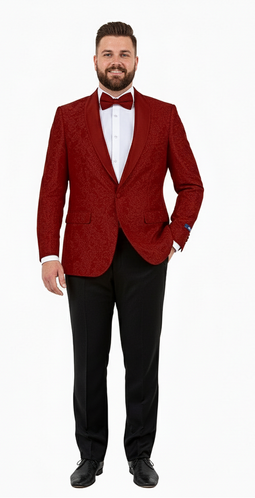 Big and Tall Mens Burgundy Paisley Tuxedo Jacket Satin Shawl Lapel Blazer with Bow Tie for Weddings, Proms, and Special Events
